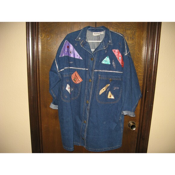 Womens Truly Yours Long Denim Ugly Jacket Coat Rhinestones Colored Shapes Sz 2XL - Picture 1 of 5